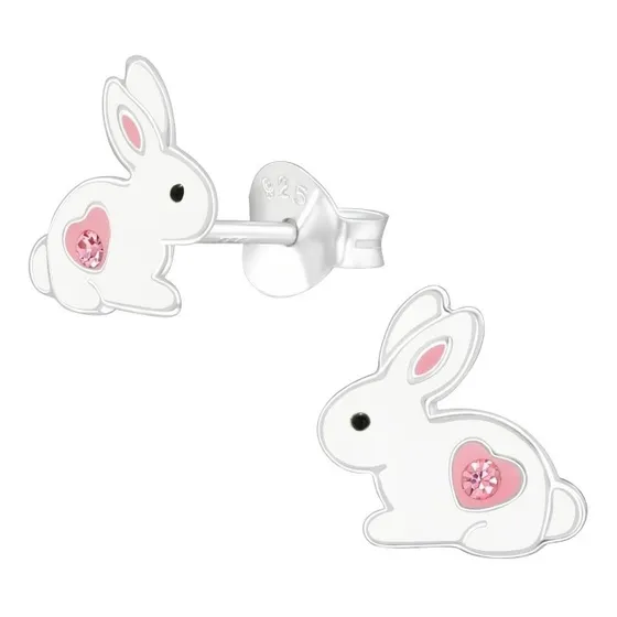 Aros De Niña De Conejito Conejo Corazón Plata Fina + Cajita