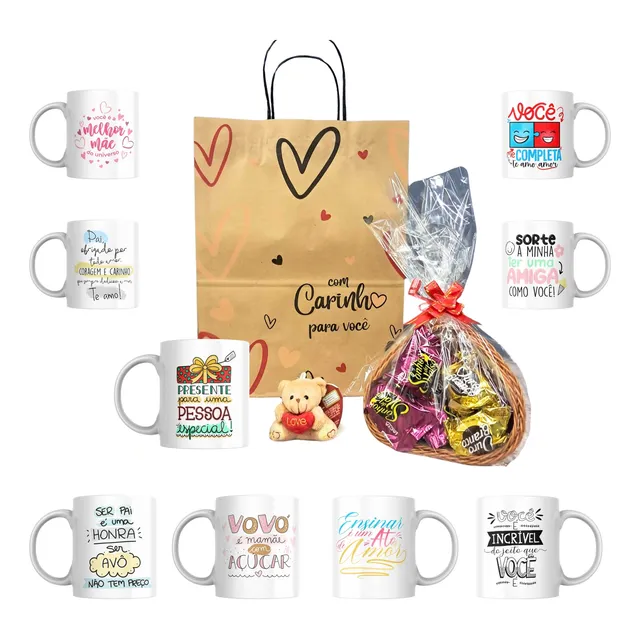 Cesta Kit Presente Caneca Chocolate Bombom Coração Pelúcia