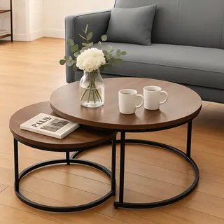 Set De 2 Mesas De Centro Redondas Minimalistas, Mesas Auxiliares De Sala Con Cubierta De Madera Y Estructura De Metal Negro, Mesas Laterales Modernas Para Sala, Sala De Estar U Oficina