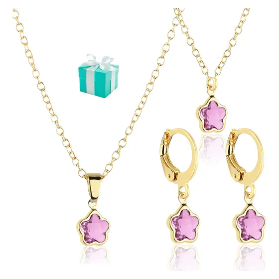 Conjunto Brinco Argolinha Pulseira Colar Infantil Flor Festa