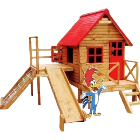 Casita Niños Juegos Madera Tobogán Trepador De Cuerdas Casa