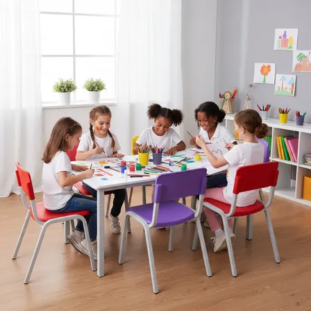 Jogo De Mesa 120x70 Infantil Com 6 Cadeiras Coloridas Escola Coloridas