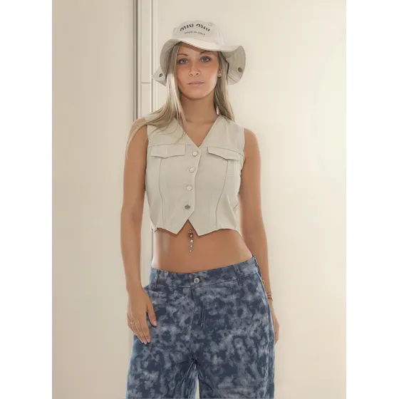 Chaleco De Gabardina Celeste Mujer .
