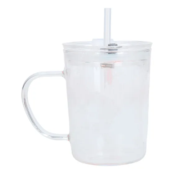 Taza De Vidrio Con Asa, Tapa De Cierre A Presión Y Popote