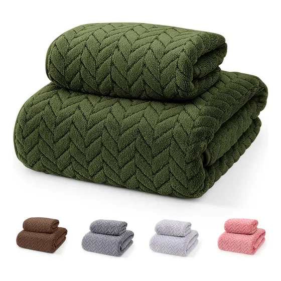 2pcs Tuallas Y Toalla Baño Completo Grande Lana Coral Suave Color Verde Oscuro Yuriria 140*70cm+35*75cm