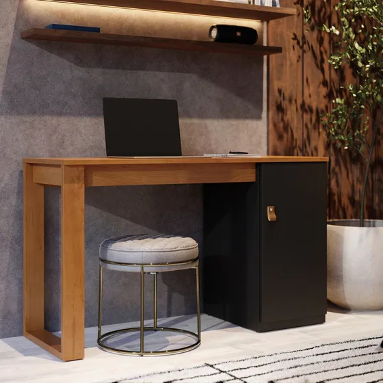 Mesa Escrivaninha Paris Com Gaveteiro Para Pc E Computador Cor Canela Preto