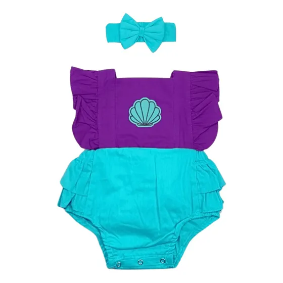 Romper Jardineira Ariel Pequena Sereia Com Faixa Mesversário