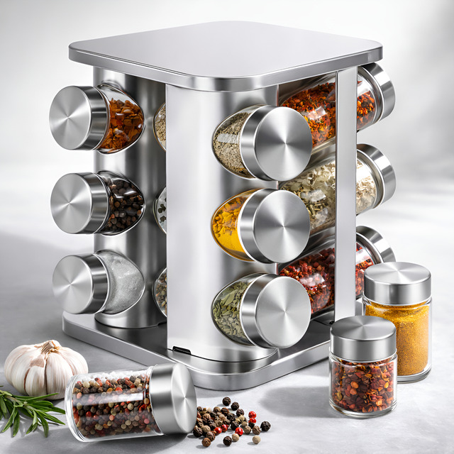 Porta Tempero Giratório 360 Com 12 Potes Vidro Suporte Inox Condimento Cozinha Formato Qua... Porta Tempero Giratório 360 Com 12 Potes Vidro Suporte Inox Condimento Cozinha Formato Qua...
