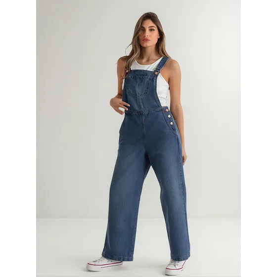 Jardinero Largo Mujer Enterito Wide Leg Jean Rigido 