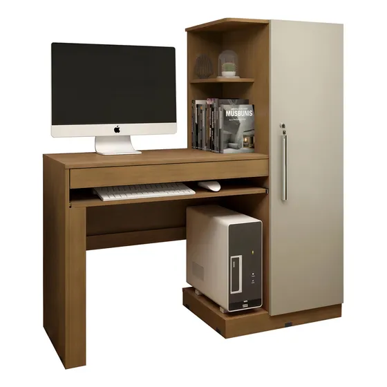Escrivaninha Valdemóveis Mesa Para Computador Com Armário 1 Porta Mdf De 130cm X 136cm X 44cm Cinamomo/off-white