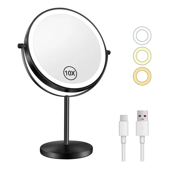Espejo Cosmético Iluminado Con Soporte, Ciicii® Aumento Espejo Cosmético, 3 Luces De Color Ajustables, 2000mah Espejo Cosmético Con 360° De Rotación Doble Cara Recargable--ideal Regalo Mujere