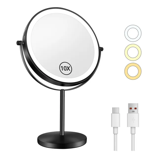 Espejo Cosmético Iluminado Con Soporte, Ciicii® Aumento Espejo Cosmético, 3 Luces De Color Ajustables, 2000mah Espejo Cosmético Con 360° De Rotación Doble Cara Recargable--ideal Regalo Mujere
