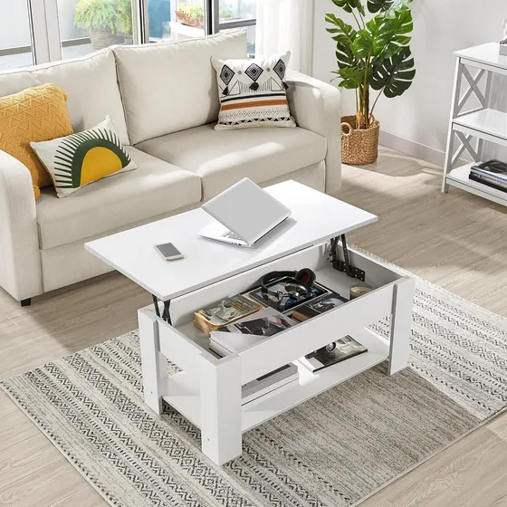Mesa De Centro Calidad Con Cajon Living 98x50x42cm Elevable Color Blanco