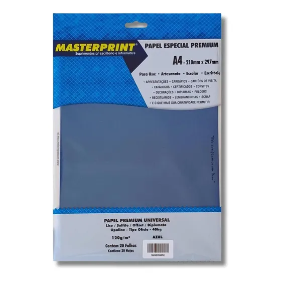 Papel Liso Sulfite A4 120g Azul 20 Folhas Masterprint