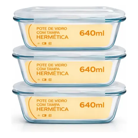 Kit 3 Potes Vidro Herméticos 640ml Marmita Refratário Forno Transparente