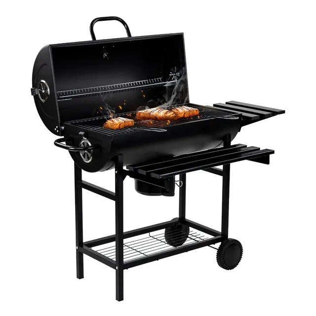 AVERA Asador de Carbon Premium Tipo Barril, con Termómetro y Mesa Lateral Frontal, Ideal para Jardín o Patio, Diseño Portátil con Ruedas | Modelo ACB02