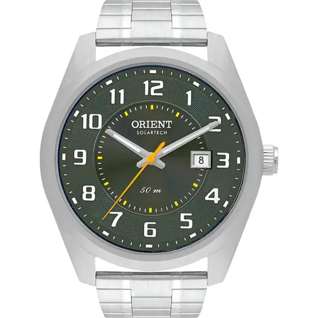 Relógio Orient Solartech Mbss1496e2sx Aço Inox Prateado 50m Com Calendário Verde-escuro