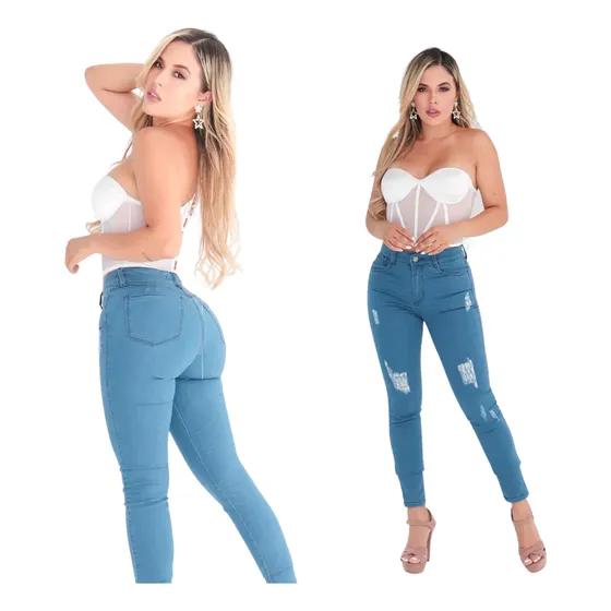 Jeans Levanta Cola Azul Dama Skinny 5 Bolsillos Con Rotos
