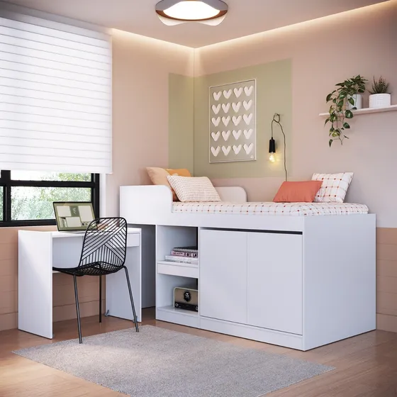 Cama Alta + Escritorio 2 Puertas 1 Pza Hoga Jamaica Blanco