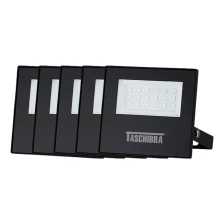 5x Refletor Led Taschibra Slim 20w Resistente A Água 6500k 127/220v Preto Branco-frio