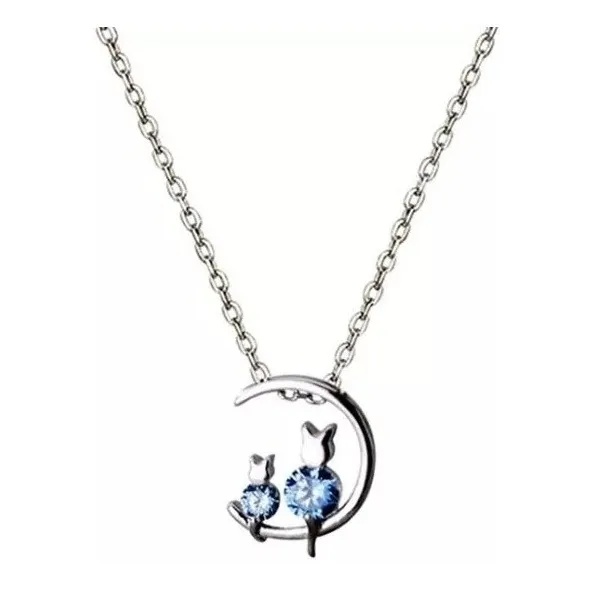 Collar De Plata 925 Gatos Luna De Cristal Para Mujer