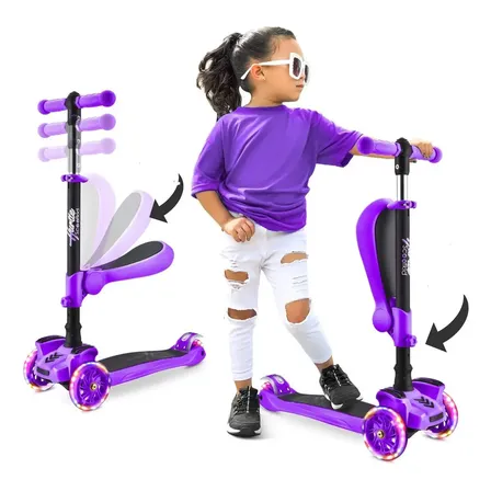 Patinete Infantil Hurtle 2 Em 1 Com Assento Retrátil E Luzes Led, Scooter De 3 Rodas Ajustável Para Crianças Meninos E Meninas, 1 A 14 Anos, Dobrável Resistente Estável E Seguro, Cor Lilás, Hurfs42p