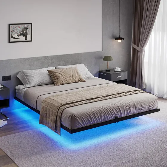 Base De Cama Flotante Matrimonial Con Luces Led Inteligentes Color Negro