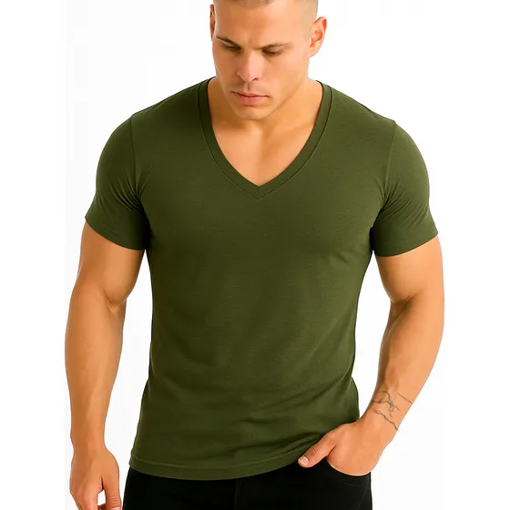 Camisa Masculina Decotada Em V Cavada Slim Viscose Elastano