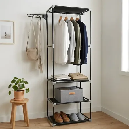 Cabideiro E Arara Para Guarda Roupas Portátil Com 3 Prateleiras E Sapateiras Com Gancho Lateral Ideal Para Closet E Loja Preto