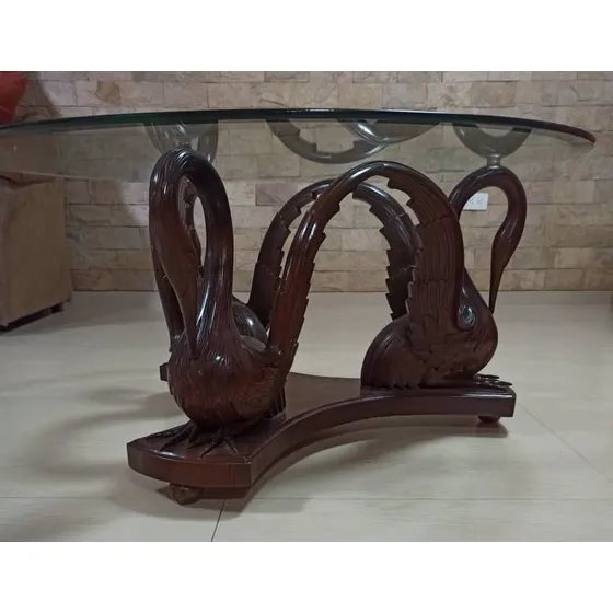 Mesa Centro Redonda Vidrio Templado Base En Madera Vintage