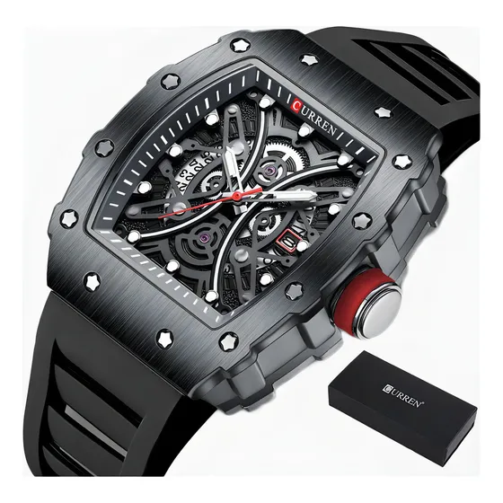 Relógio de pulso analógico Curren 8438 para homens com pulseira de silicone preta e fivela simples