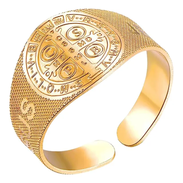 Anillo Sello Cruz San Benito Chapado Oro Ip Proteccion Ajust
