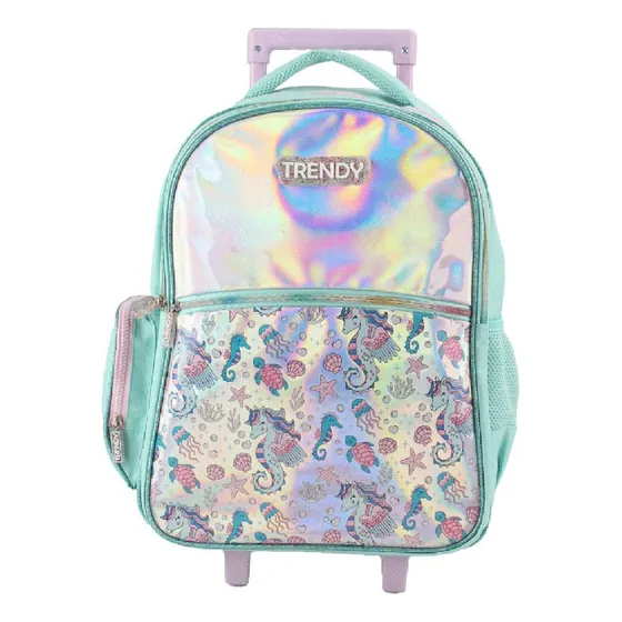 Mochila Carro Trendy Escolar Resistente Primaria Color Aqua - 27698 Diseño de la tela Arrecife