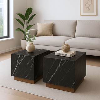 Set De 2 Mesas De Centro Para Sala Mármol/negro Set De 2 Mesas De Centro Para Sala Mármol/negro