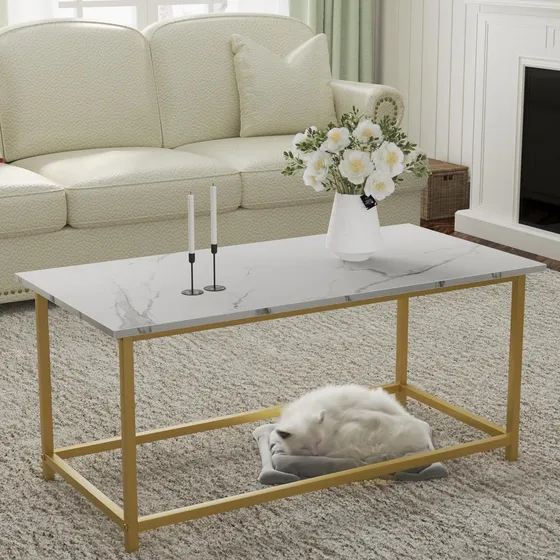 Mesa De Centro Moderna Rectangular De Mármol Sintético Blanc