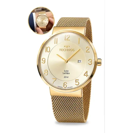 Relógio Technos Masculino Vidro Safira Caixa Slim Original  Dourado
