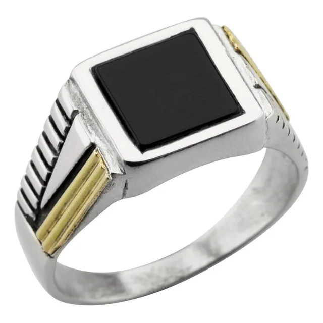 Anillo Hombre Tipo Sello Con Piedra Onix De Plata Y Oro 