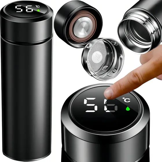 Garrafa Térmica de Inox Inteligente Com Termômetro Digital 500ml Cor Preto