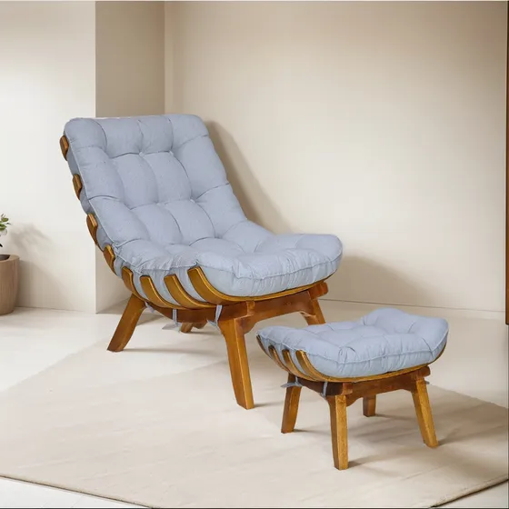 Kit Poltrona + Puff Costela Decoração Conforto Linho Cinza