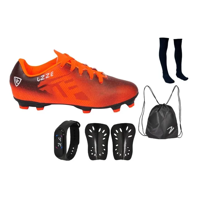 Kit Chuteira Campo Nova Uz + Meião Caneleira Mochila Relógio