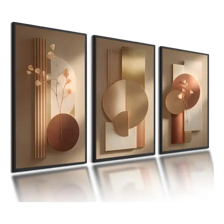 Kit 3 Quadros Decorativos Abstratos Luxo Dourado Moderno Preto