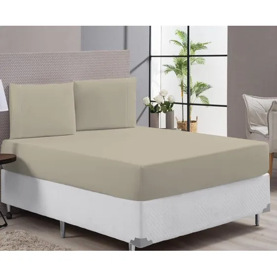 Jogo De Lençol Para Cama Casal Super King Size 400 Fios Cor Cáqui Desenho Do Tecido Liso Detalhe Ponto Palito