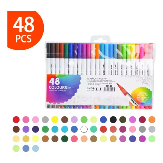 Kit Canetinha 48 Cores Ponta Dupla Fineline Brush Pen Caneta