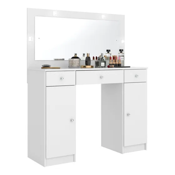 Tocador de vestidor con espejo, 3 cajones, 2 puertas, color H, blanco