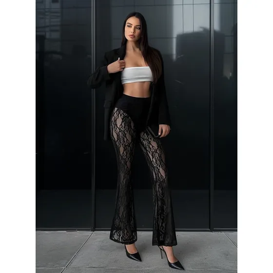 Pantalón De Encaje Malla Transparente Incluye Pantie Dama