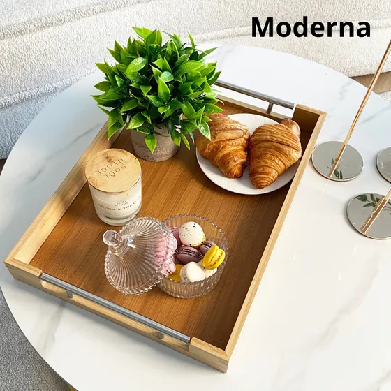 Set de 2 Bandejas Para Servir de Bambú Con Asas de Acero Inox Marca Filula Color Madera Bambú Y Acero Inoxidable