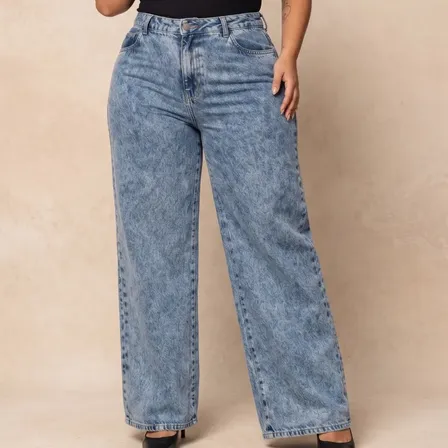 Calça Jeans Wide Leg Feminina Plus Size Destroyed