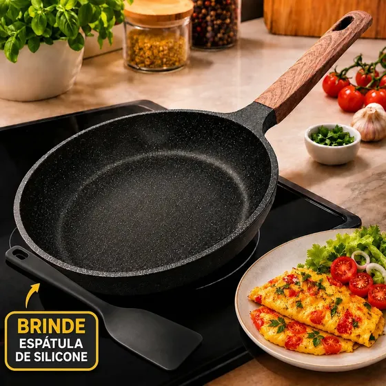 Frigideira Cerâmica Antiaderente Grande 24cm Acompanha Espátula Para Fogão A Gás Indução Cooktop Sem Óleo Não Gruda Profissional PÍTIA