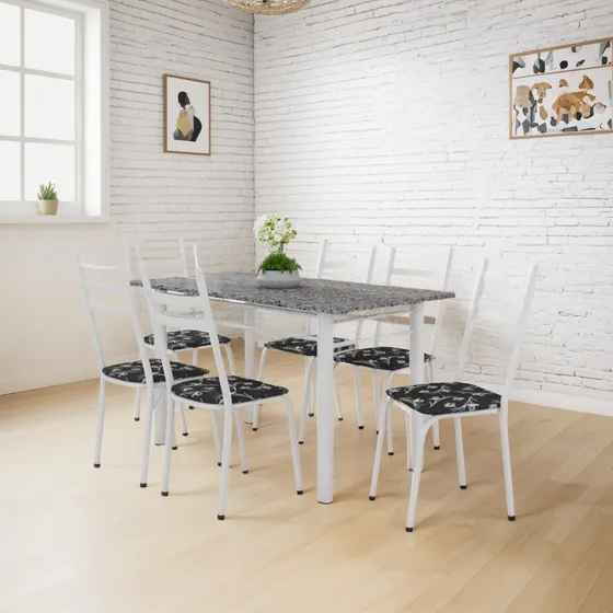 Conjunto De Mesa Itália 6 Cadeiras 1,40m Granito / Branco