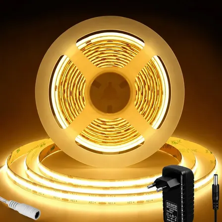 Fita de led cob 360 led/m branco quente 3000k 5m bivolt kit completo com fonte